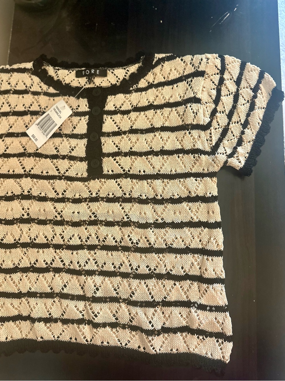 FORE Striped Lace Short-Sleeve Top in Cream and Black